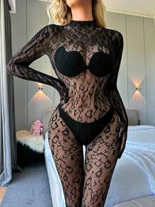 1pc Black Sexy Lingerie Long Sleeve Bodystocking With Crotchless Perspecitive Fishnet Bodysuit