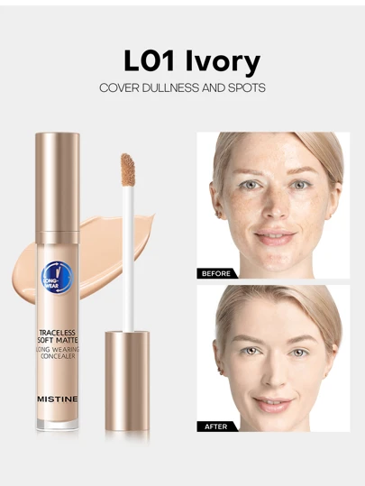 MISTINE Liquid Concealer, Full Coverage, Effectively Covers Dark Circles, Moisturizing Formula, 24-Hour Waterproof, Skincare Benefits, Soft Matte Finish - Ivory