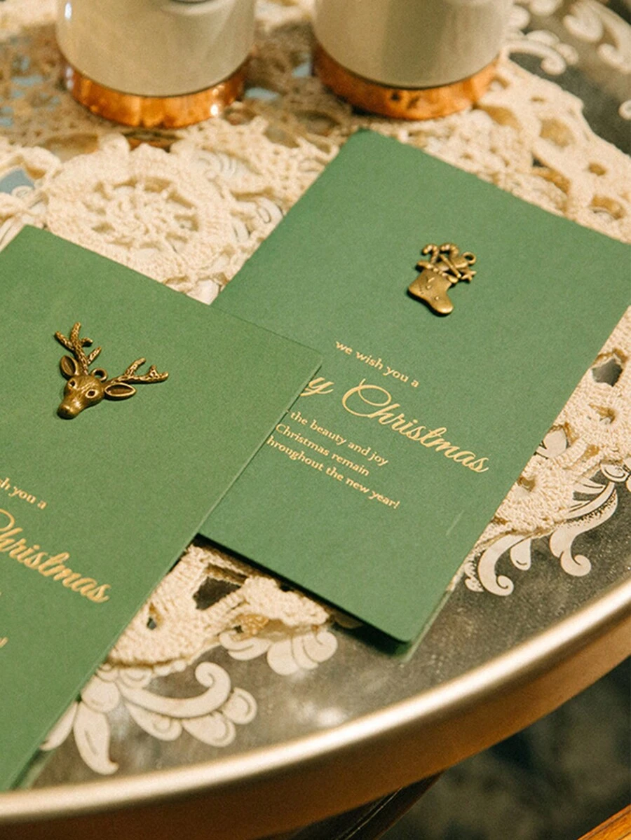 1pc Christmas Card Diy Handmade Vintage Metallic Foil Stamp Greeting Card With Random Design - Green - View 1