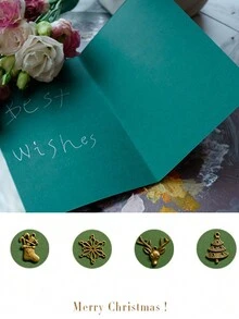 1pc Christmas Card Diy Handmade Vintage Metallic Foil Stamp Greeting Card With Random Design - Green - View 5