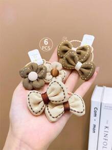 6入組女孩可愛的奶茶棕色花和蝴蝶結髮帶