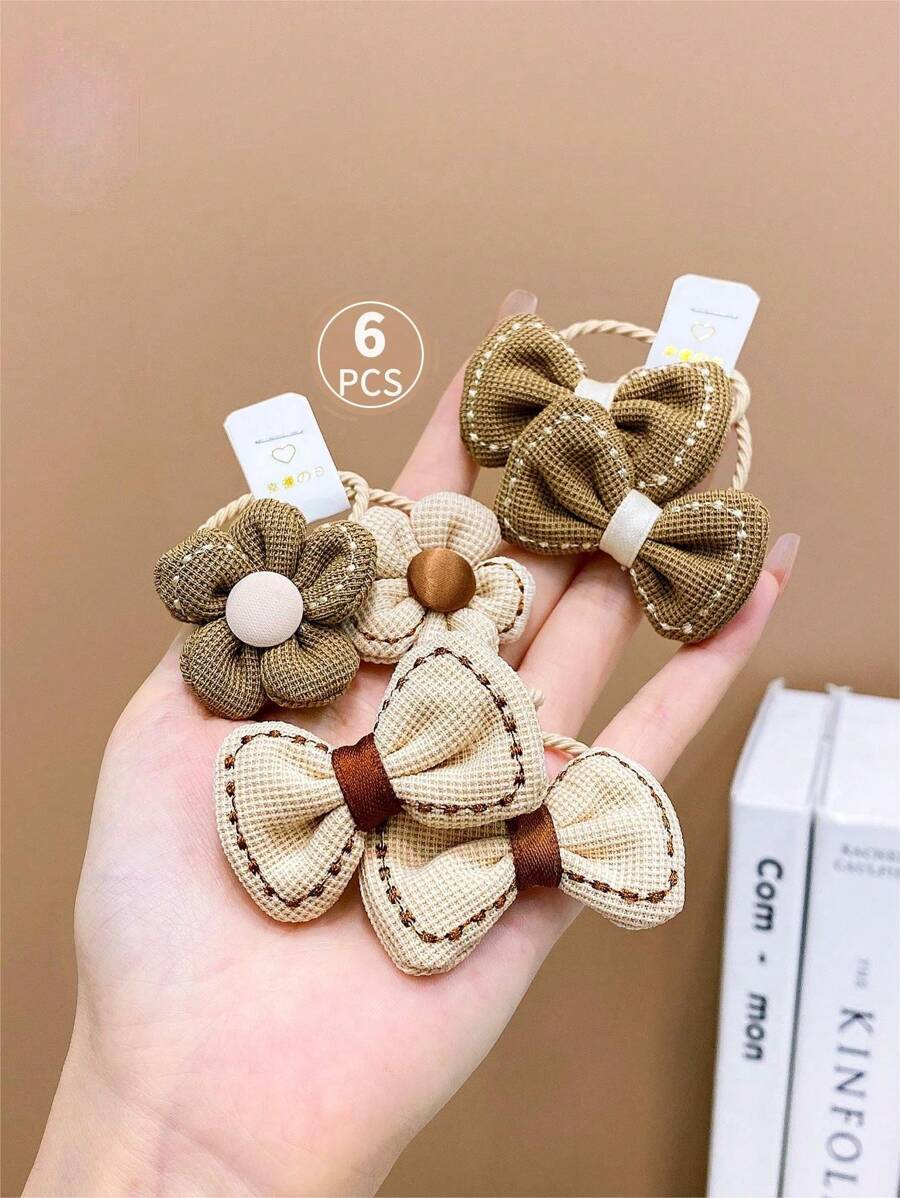 6入組女孩可愛的奶茶棕色花和蝴蝶結髮帶