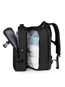 可擴展旅行背包男女通用筆記本電腦包,休閒大容量背包純色筆記本電腦收納袋,適用於工作、通勤、旅行 - 黑色 - 查看 1