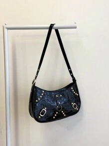 Fashionable Crescent Bag With Rivet Decoration, Large Capacity Shoulder Bag For Women - Black - View 2