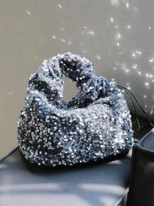 Y2Y 韩国 Bling Bling 手提包，2024 年新款时尚手提包，黑色亮片手拿包，银色亮片单肩包和腋下包 - 銀色 - 查看 4