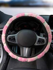 1pc Plush Floral Pattern Steering Wheel Cover, Modern Decorative 3D Pink Flower Elastic Steering Wheel Cover, Creative Cute Fleece Anti-Slip Car Steering Wheel Cover
