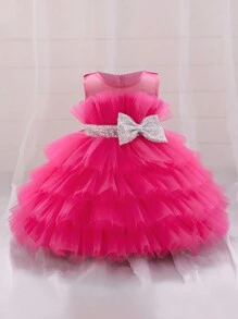 Falda esponjosa de satén y tul de unicolor con lazo para niña, vestido elegante para fiesta de cumpleaños, fiesta al aire libre, sin incluir accesorio para el cabello