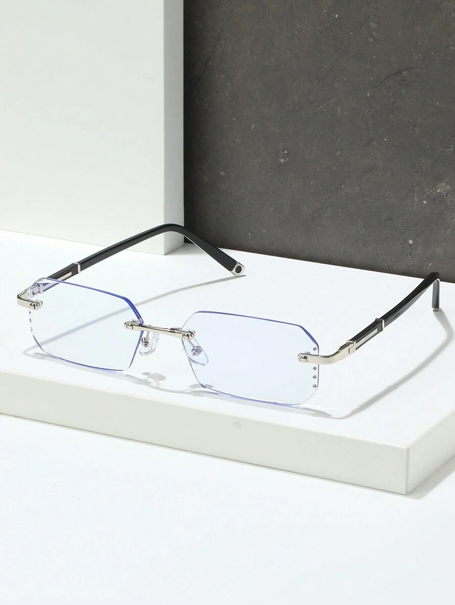 1 pezzo Occhiali quadrati senza montatura in metallo, decorativi, anti-luce blu, da uomo, accessori per occhiali trasparenti - Argento - Visualizzare 1