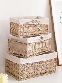 1 件带镂空设计的编织海草储物篮，适用于家庭整理、玩具、化妆品、钥匙、波西米亚绳花盆篮、天然混合藤条花园装饰、金属框架波西米亚风篮子，适合户外沿海氛围，几何篮子 - 杏色 - 查看 1