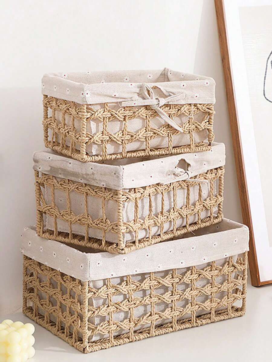 1 件带镂空设计的编织海草储物篮，适用于家庭整理、玩具、化妆品、钥匙、波西米亚绳花盆篮、天然混合藤条花园装饰、金属框架波西米亚风篮子，适合户外沿海氛围，几何篮子 - 杏色 - 查看 1