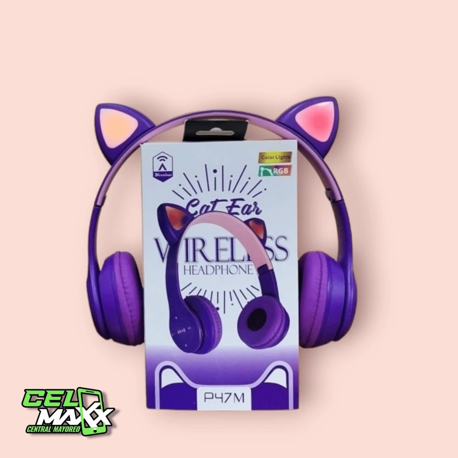 Gato oreja brillante auricular Bluetooth P47m estudiante de dibujos animados juego inalámbrico P47m auriculares - Morado Violeta - Ver 1