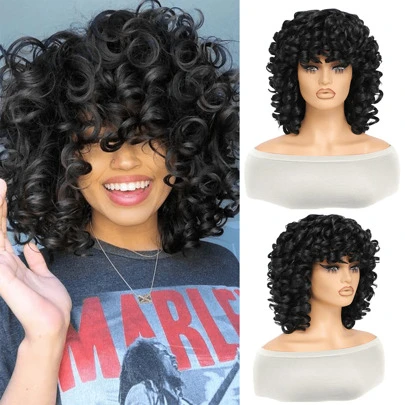 DZfirst Halloween And Christmas Black 16 Inch Curly Wigs Short Curly Wig With Bangs Heat Resistant Synthetic Fiber Hair Cosplay Wigs