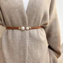 1条女士棕色细腰带，仿珍珠装饰，复古优雅束腰，适合搭配新款西装、毛衣。百搭黑色腰带，适合日常通勤使用，夏季、秋季、万圣节