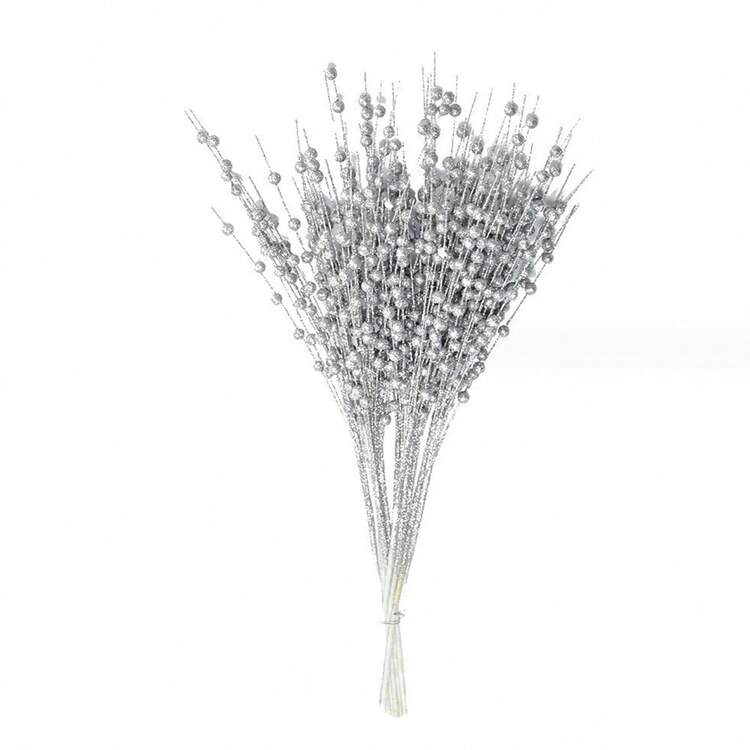 5pcs, Artificial Glitter Berry Stem Ornaments, Decorative Bead Sticks, Glittery Twigs, Picks, Branche, Small Vase, Holiday, Wedding, Party, Room Decoration, Aesthetic Room Decor, Garden Decor, Home Decoration, House Decor, Table Decoration,Centerpieces,Artificial Flowers,Plastic Flowers - Silver - View 4