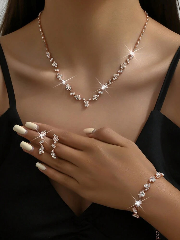 4pcs set Rose Gold Plated Necklace Bracelet Earrings Set For Women Bridal Set Perfect For Daily Use SHEIN USA