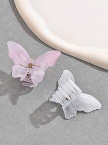 2pcs Women's Pink & White Butterfly Shaped Medium Size Gradient Lightweight Plastic Hair Clips, Daily Wear, Makeup And Clothing Matching, Suitable For Washing Face And Going Out Cute Bow,School,Pink Accessories - Multicolor - View 3