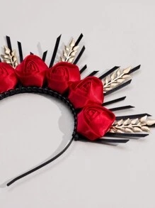 Black Dark Red Burgundy Roses Gold Leaf Silk Artificial Flowers Crown For Wedding Bridesmaids, Halloween Floral Halo Crown, Gothic Wedding Tiara For Bride, Costume Headpiece For Birthday Cosplay Party Celebration, Day Of The Dead Vintage Street Valentine's Day Valentines