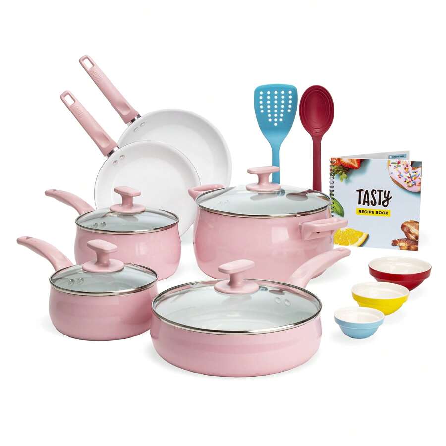 new Ceramic Titanium-Reinforced Cookware Set, Pink, 16 Piece - one-size - View 1