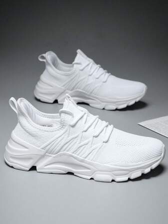 Men's Athletic Shoes Knitted Breathable Net Surface Comfortable Sneakers In White