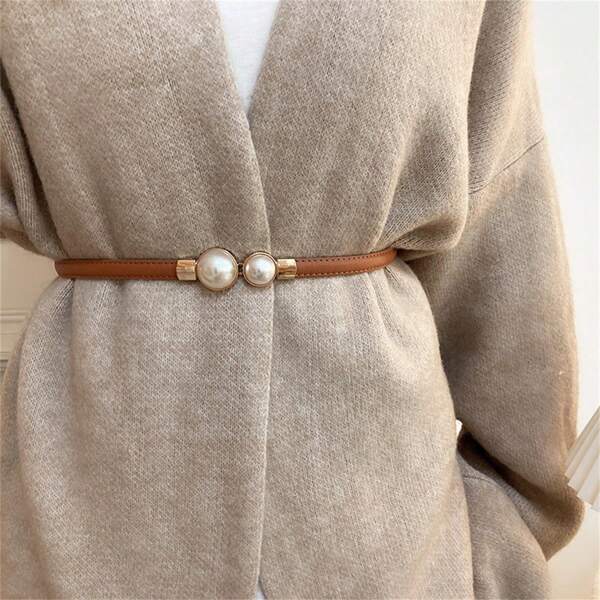 1pc Women's Brown Thin Belt With Faux Pearl Decor, Retro & Elegant Waist Cincher For New Suit, Sweater. All-Match Black Belt Suitable For Daily Commute Use Summer, School Fall, Autumn, Halloween