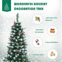 7ft Pre-lit Artificial Hinged Pencil Christmas Tree Decorated Snow Flocked Tips - Green - View 8