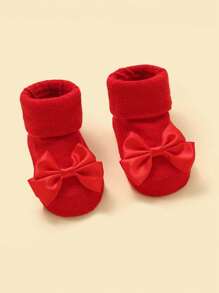 1 Pair Solid Color Bow Knot Mid-Calf Baby Socks, Princess Children Socks, Non-Slip Infant Floor Socks - Red - View 3