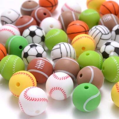 10pcs/pack 15mm Silicone Round Beads With Football Pattern Diy Loose Beads