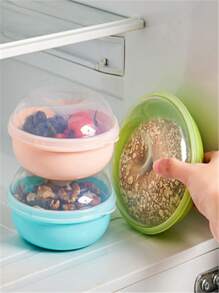 1pc Green Plastic Bagel-shaped Bread Box Fruit Saver Fresh Container, Round Lunch Box For Office, Fridge, Outdoor & Travel - Pink - View 2