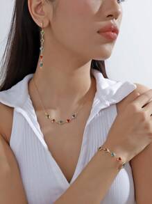 MESTILO Bộ trang sức vòng cổ, khuyên tai, nhẫn, dây chuyền, trái tim đính đá màu đồng thanh lịch 4 món, quà tặng ngày lễ tình nhân cho phụ nữ (Do thiết kế thủ công, màu sắc của mặt dây chuyền hình trái tim có thể thay đổi) Ngày lễ tình nhân, Mẹ, Mẹ, Ngày của Mẹ, Quà tặng - Đầy màu sắc - Xem 2