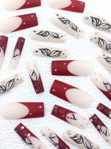 Upgrade Your Look Now 24pcs Long Red French Style & Black Butterfly Rhinestone Decorated False Nails With 1pc Double-sided Tape & 1pc Nail File - Multicolor - View 3