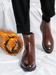 男士黑色PU皮革踝靴，溫暖襯裡切爾西靴，西部騎士靴 - 棕色 - 查看 2