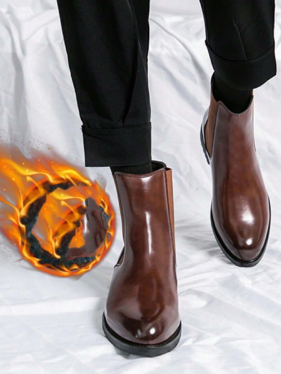 Men Black PU Leather Ankle Boots Warm Lining Chelsea Boots Western