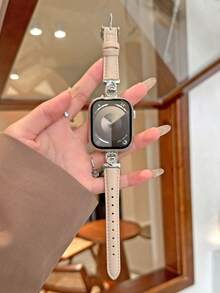 1pc Grey Ladies' Ocean Heart-patterned Microfiber Leather Watch Band Compatible With Apple Watch - Grey - View 4