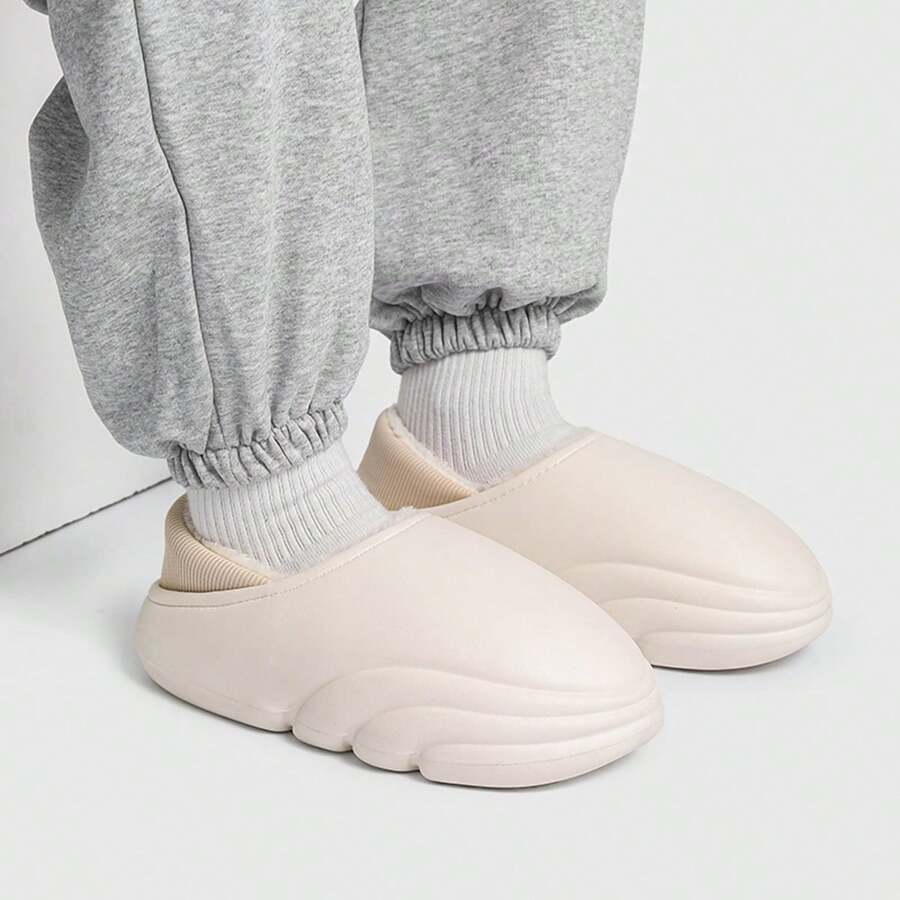 男女冬季家居拖鞋,柔軟舒適的臥室防滑保暖氈毛孔洞鞋,米白色