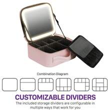 LED Light Professional Makeup Box With Lights Full Screen Mirror On-Off, Portable Travel Cosmetic Storage Case, Beautician Makeup brush Nail Toolbox, Pink - Pink - View 5