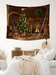 1入組聖誕壁爐與樹印花聚酯纖維方形掛毯,現代風格客廳和臥室裝飾 - 彩色 - 查看 4