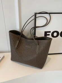 Bolsa Grande De Mujer De Color Sólido Con Gran Capacidad - Café integral - Ver 1