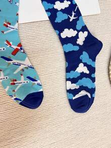 1 双不对称腹袜配色欧美飞机白云游戏机印花男士中筒袜 - 藍色 - 查看 7