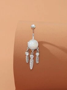 1件流行的不銹鋼長條形葉子垂飾肚臍環,女士身體穿孔配飾 - 銀色 - 查看 2