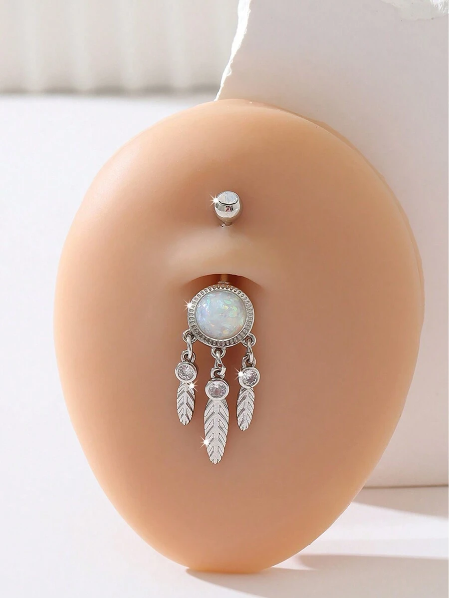 1件流行的不銹鋼長條形葉子垂飾肚臍環,女士身體穿孔配飾 - 銀色 - 查看 1