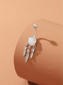 1件流行的不銹鋼長條形葉子垂飾肚臍環,女士身體穿孔配飾 - 銀色 - 查看 3