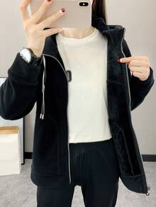 1pc Sports Style Youthful Fashion Warm & Windproof Hooded Fleece Jacket For Women - Black - View 2