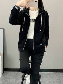 1pc Sports Style Youthful Fashion Warm & Windproof Hooded Fleece Jacket For Women - Black - View 5