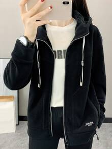 1pc Sports Style Youthful Fashion Warm & Windproof Hooded Fleece Jacket For Women - Black - View 3