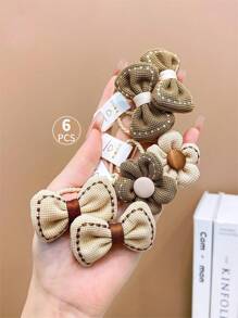 6入組女孩可愛的奶茶棕色花和蝴蝶結髮帶