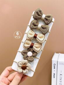 6入組女孩可愛的奶茶棕色花和蝴蝶結髮帶