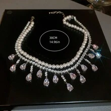 1個人工珍珠和鑽石裝飾流淚形吊墜項鏈,時尚設計鎖骨鏈飾品高雅 - 白色 - 查看 2