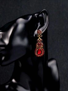 1pair Vintage Champagne Rhinestone Teardrop Earrings Suitable For Women'S Birthday Party And Daily Wear - Red - View 2