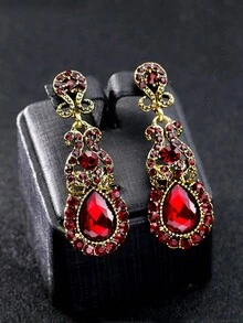 1pair Vintage Champagne Rhinestone Teardrop Earrings Suitable For Women'S Birthday Party And Daily Wear - Red - View 3