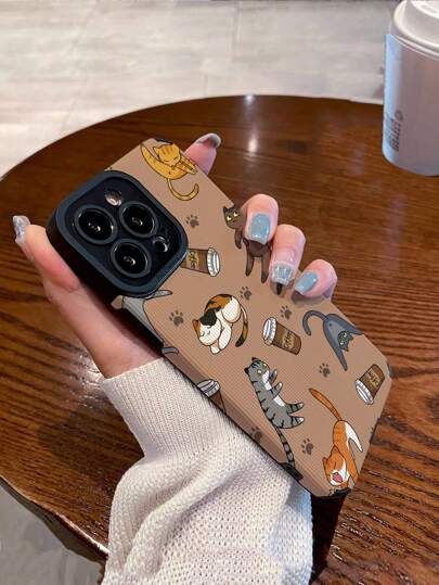 Coffee Cup 1pc Cartoon Cat Design Faux Leather Phone Case Soft Compatible With Iphone And Samsung